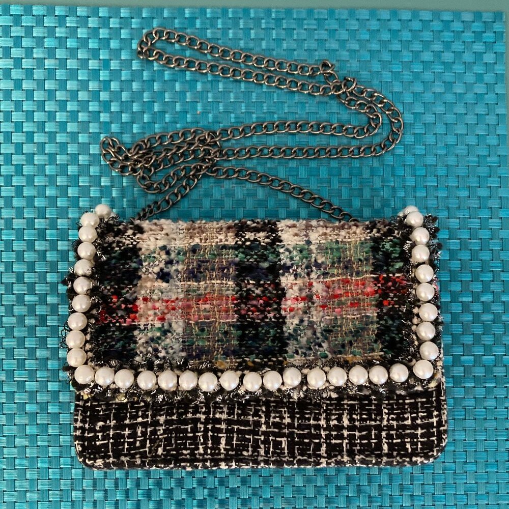 Tweed Plaid Pearl Handbag by Sondra Roberts NWOT